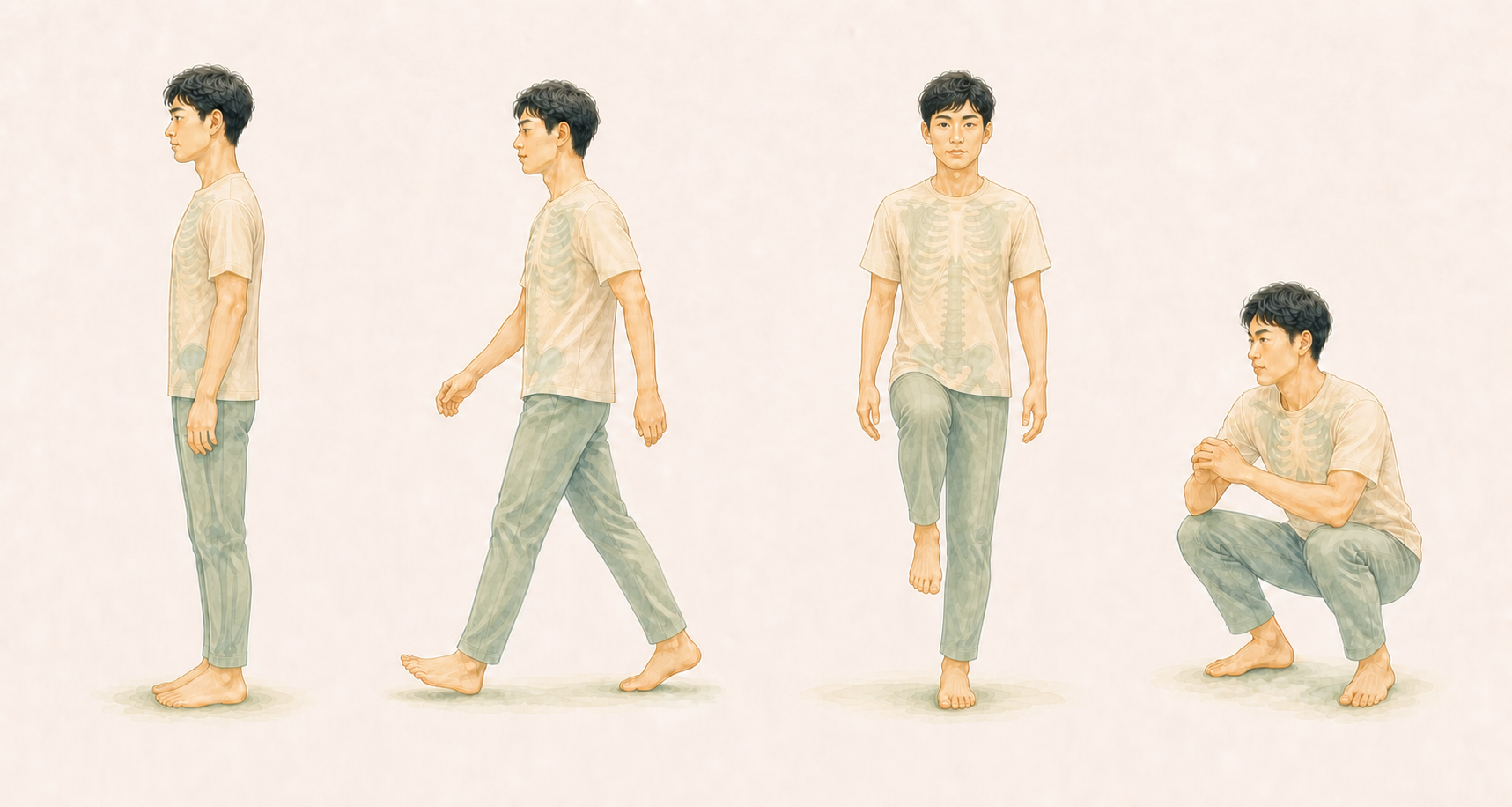 立つ、歩く、片足立ち、しゃがむ動作から足と身体の反応を確認するイラスト