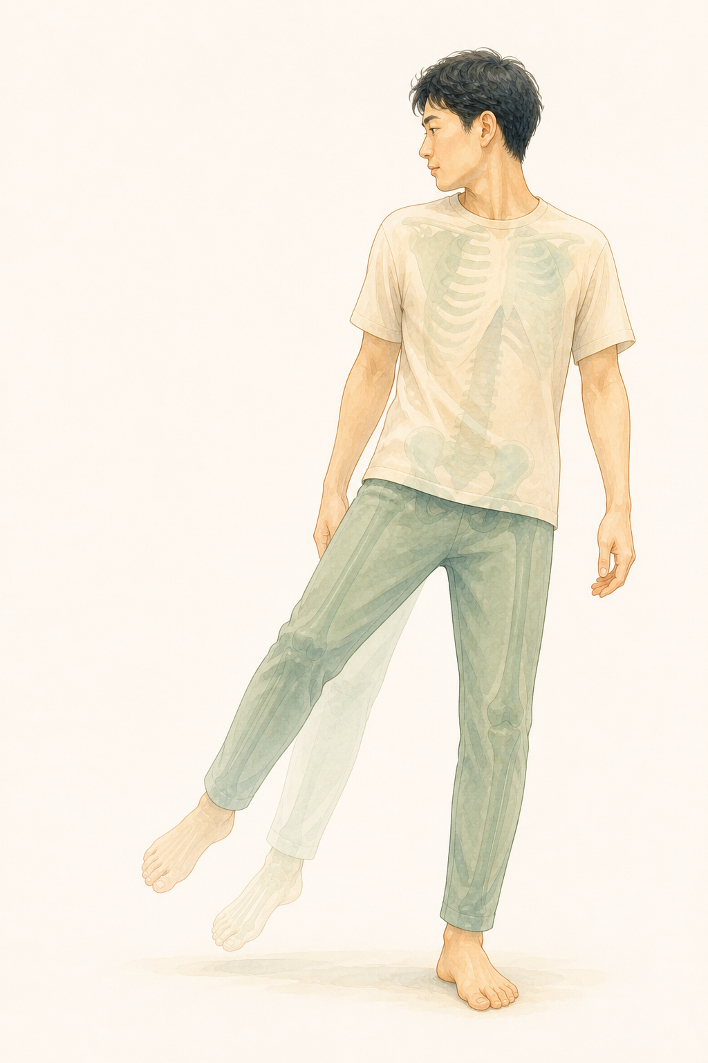 肩の位置を変えたあとに呼吸、足裏、腕や脚、身体のひねりを再確認するイラスト